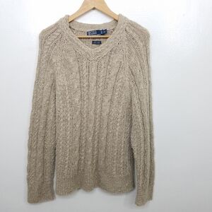 Vtg Polo By Ralph Lauren 100% Linen Hand Knit Beige Neutral V-Neck Sweater XL